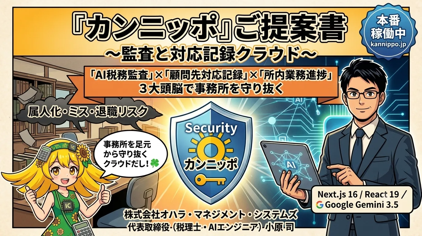 監査と対応記録クラウド『カンニッポ』提案書の表紙イラスト