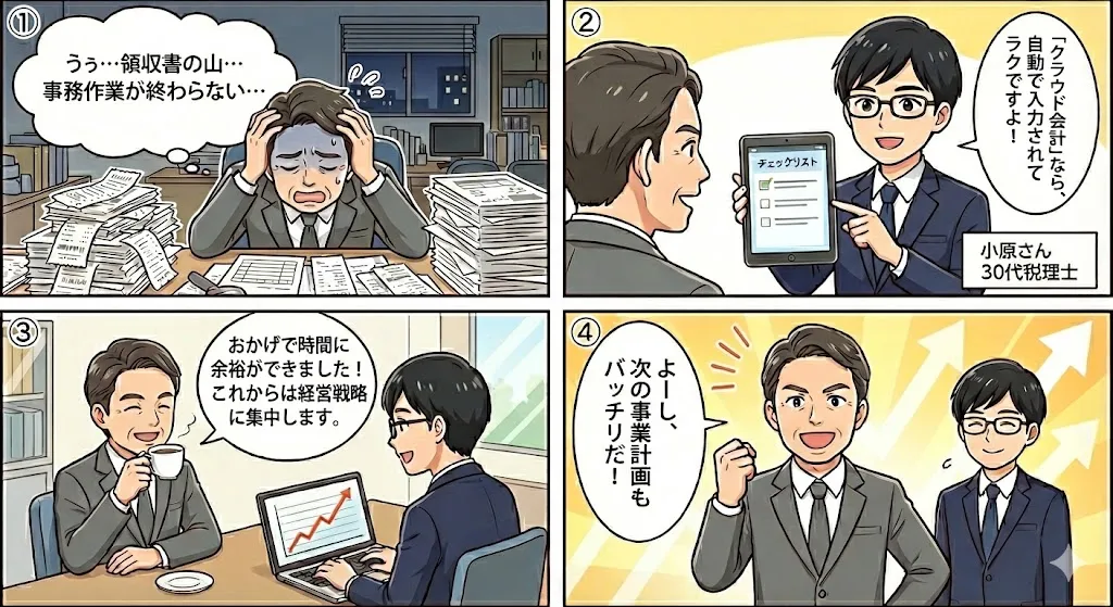 税理士小原司事務所による経理DXのメリットを説明する四コマ漫画
