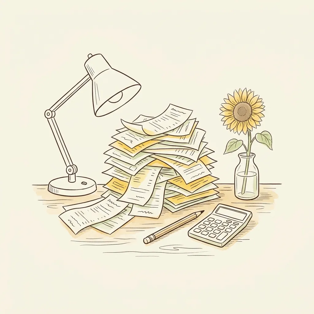 月末の机に、レシートや請求書が山のように積み上がっている線画。スタンドの灯り、電卓と鉛筆、ガラスの花びんに一輪のひまわり