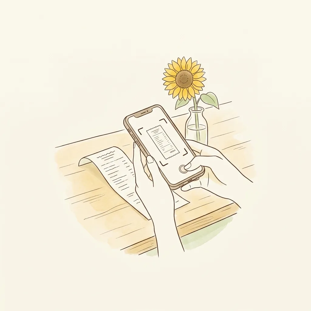 両手で持ったスマホで、机の上の長いレシートを撮影している手元の線画。画面には読み取り枠の中のレシート、奥にひまわり