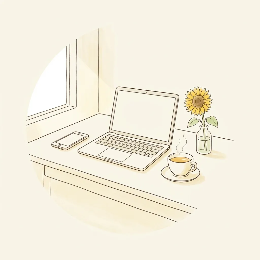 朝の光が差す窓辺の、片づいた机の線画。ノートパソコンとスマホ、湯気の立つお茶、ガラスの花びんのひまわり