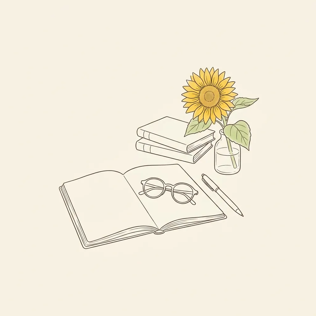 開いたノートと眼鏡、ペン、重ねた本とガラスの花びんのひまわりを描いた線画