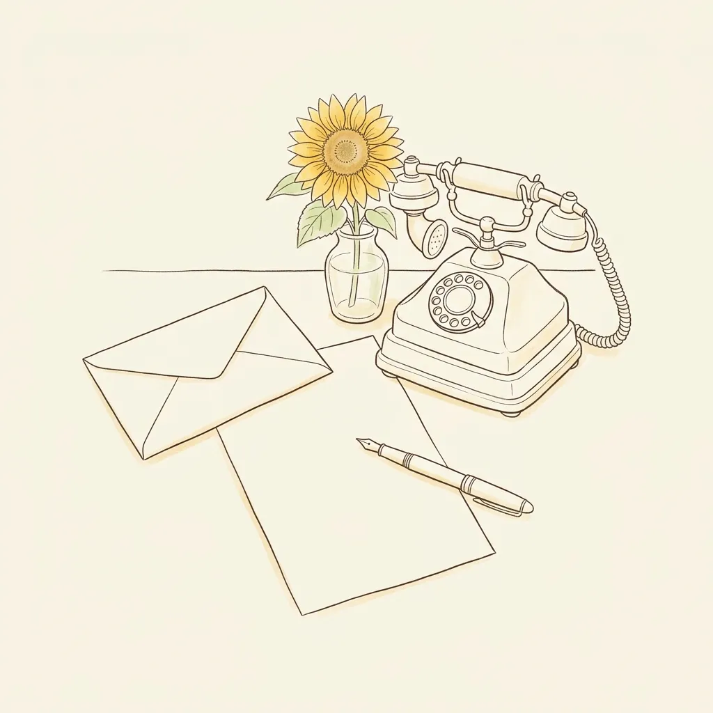 机の上の封筒と白い便せん、万年筆、ダイヤル式の電話、ガラスの花びんのひまわりを描いた線画