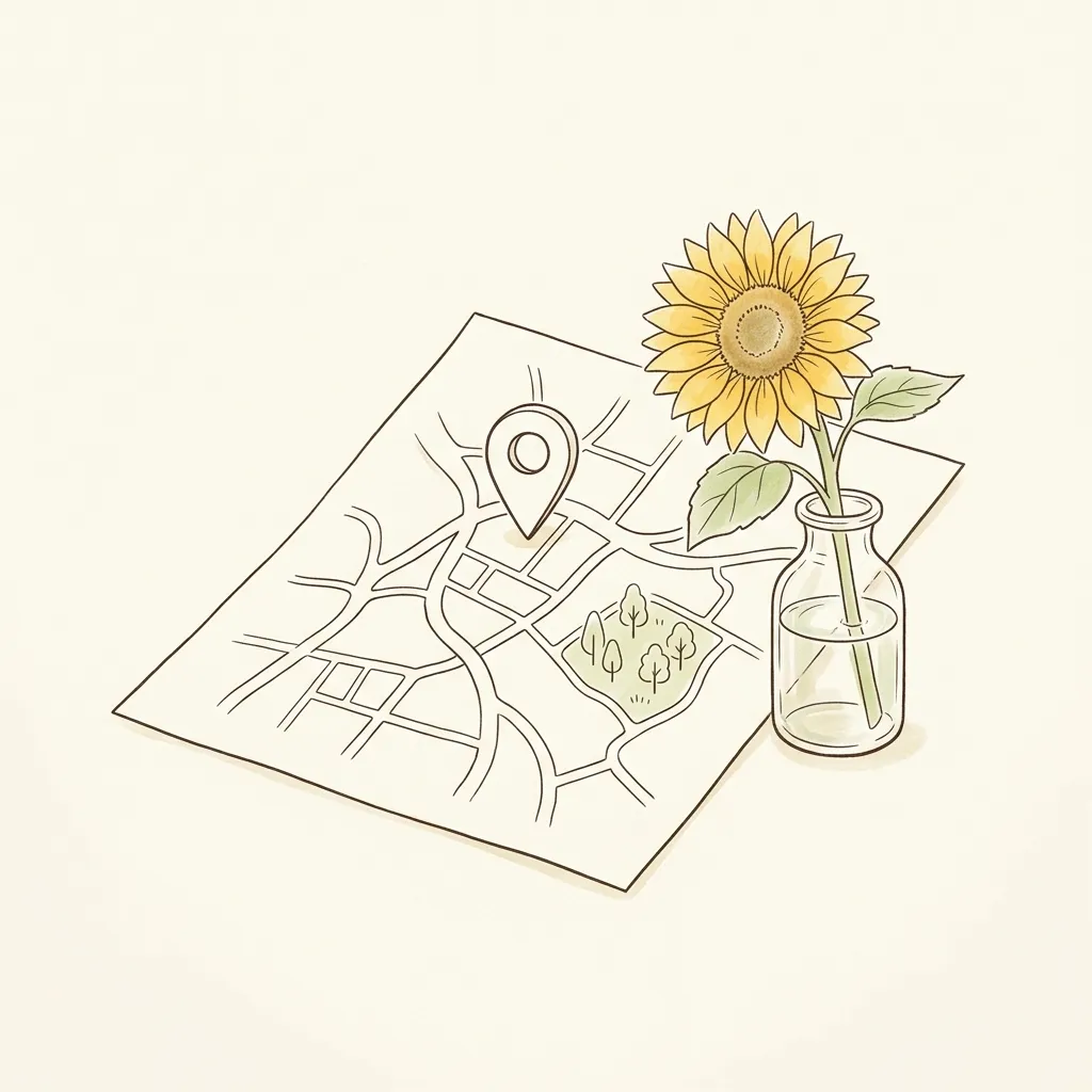 机に広げた手描きの道の地図に、場所を示すピンが1本立ち、横にガラスの花びんのひまわりが置かれた線画