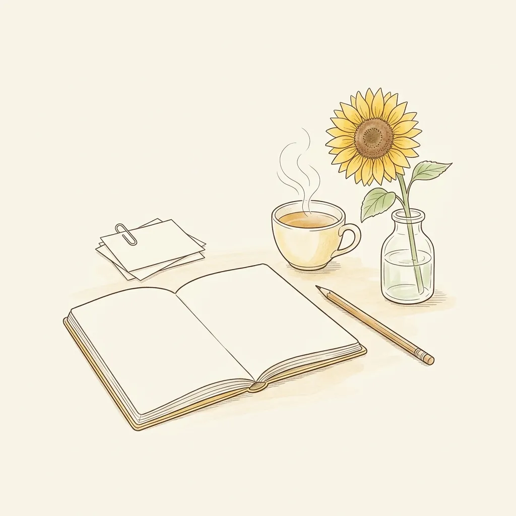 開いたノートと、クリップで留めた小さなメモ、湯気の立つ紅茶、鉛筆、ガラスの花びんのひまわりを描いた線画