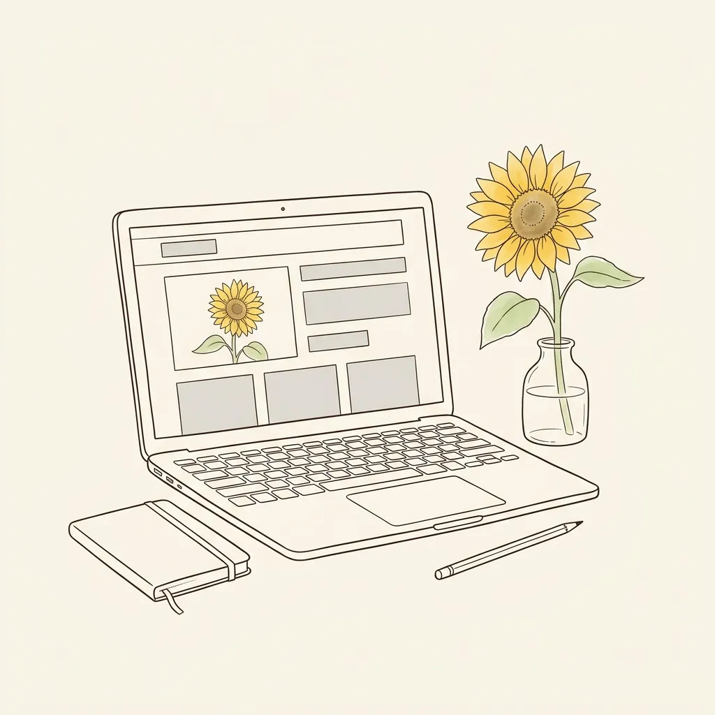 ホームページの枠組みだけを描いた画面のノートパソコンと、手帳と鉛筆、ガラスの花びんのひまわりの線画