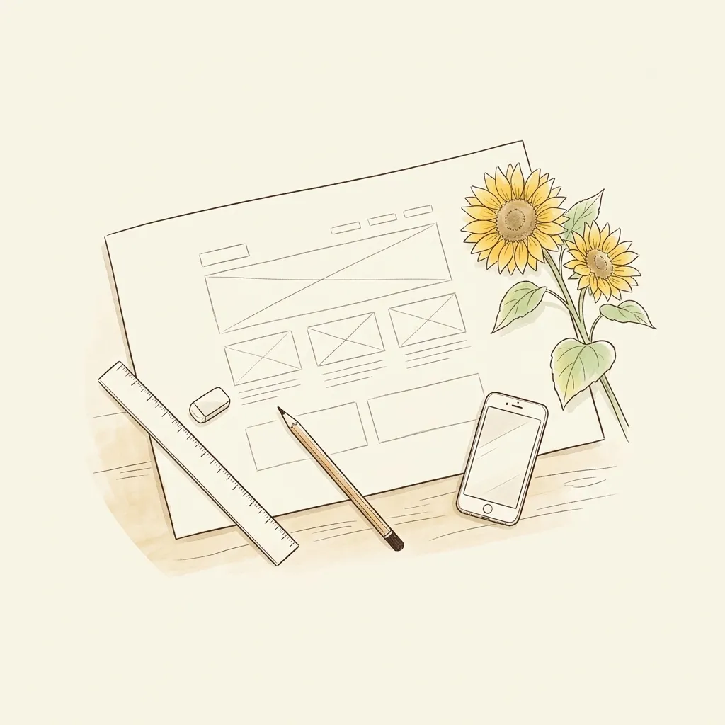 机に広げた紙にホームページの枠組みを鉛筆で描き、定規と消しゴム、スマホ、ひまわりを添えた線画