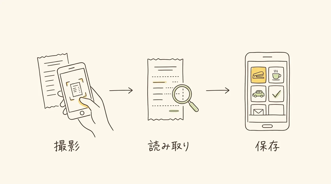 スマホでレシートを撮影し、内容を読み取り、タイル状のボタンを選んで保存する3つの手順の線画