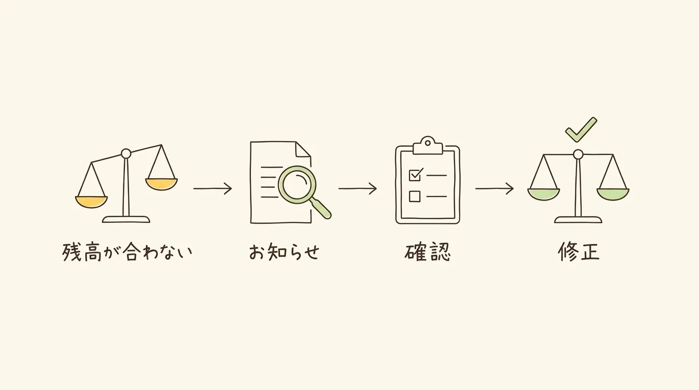 残高が合わない場合に、お知らせのレポートが届き、社長が確認し、修正されるまでの流れの線画
