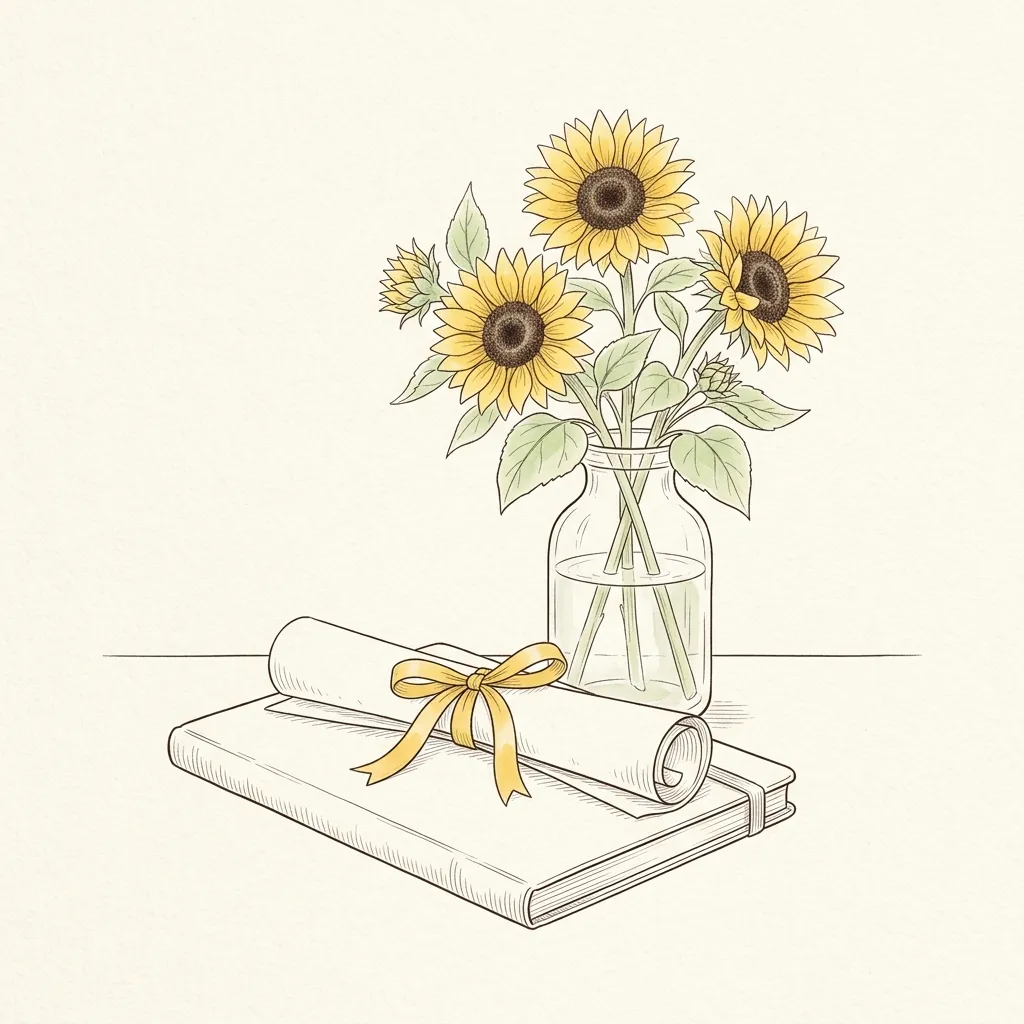 リボンを結んだ卒業証書の巻物とノート、ガラスの花びんに挿した3本のひまわりの線画
