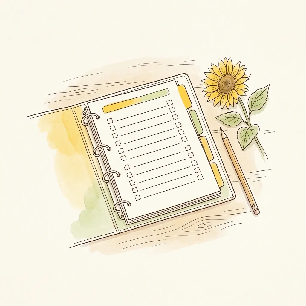 色つきの見出しの付いたバインダーを開き、チェック欄の並んだ手順書と鉛筆、ひまわりを添えた線画