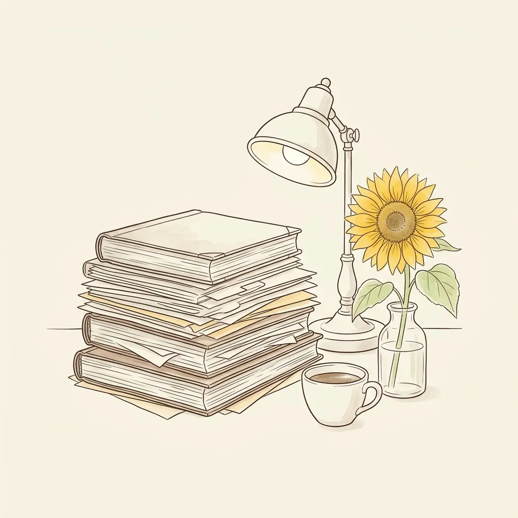 積み重ねた帳簿と書類の束、卓上ライト、コーヒー、ガラスの花びんのひまわりを描いた線画