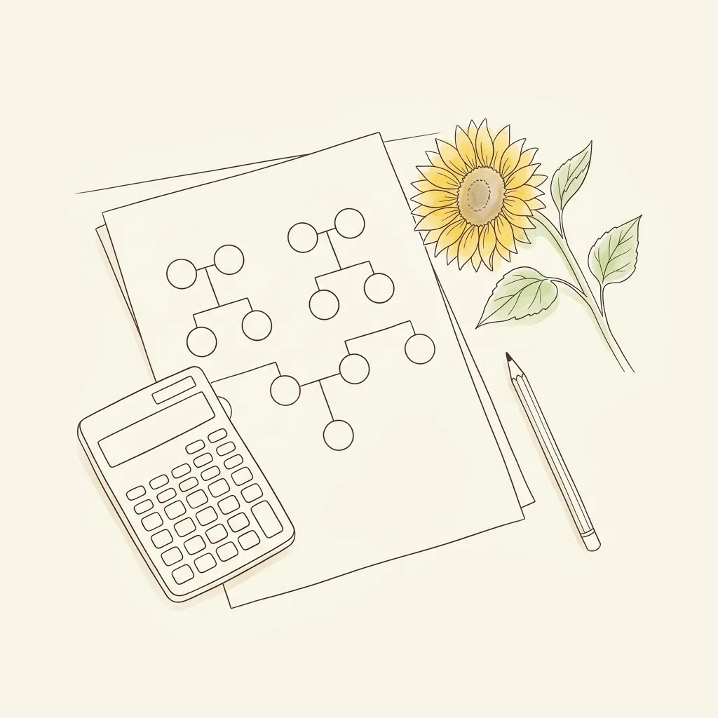 円と線だけで描いた家系図の紙に、電卓と鉛筆、ひまわりの小枝を添えた線画