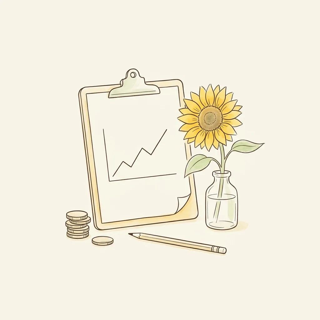右肩上がりの線を描いた紙を挟んだクリップボードと、積んだ硬貨、鉛筆、ガラスの花びんのひまわりを描いた線画