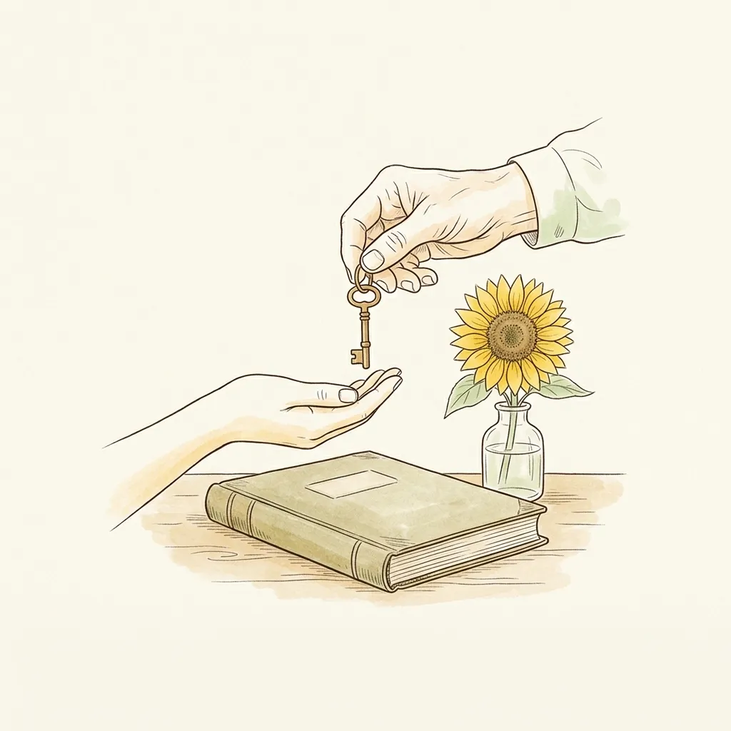 年配の手から若い手へ古い真鍮の鍵を渡す様子と、閉じた古い帳簿、ガラスの花びんのひまわりを描いた線画