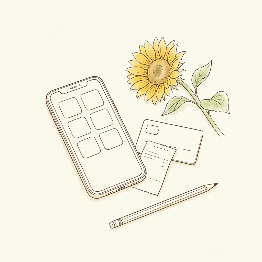 タイル状のボタンが並ぶ画面のスマホと、カード、短いレシート、鉛筆、ひまわりを描いた線画